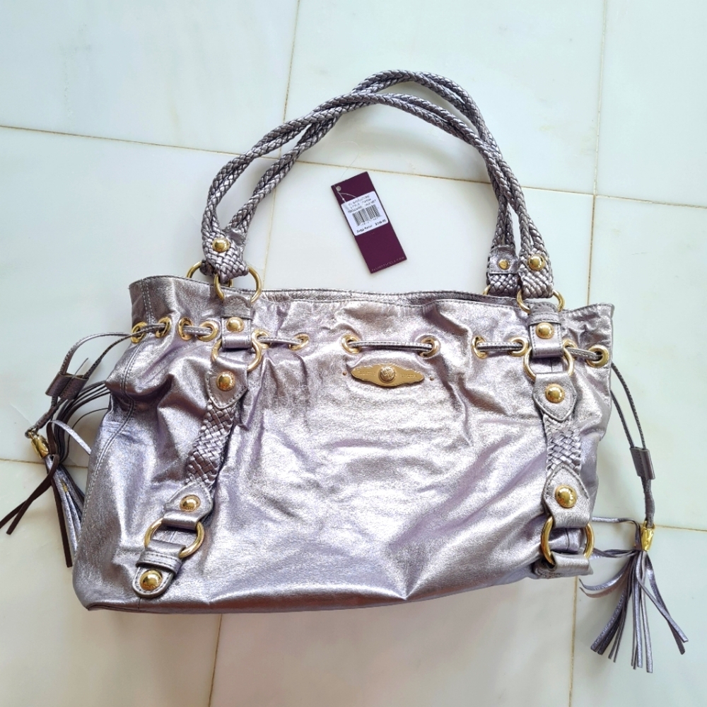 Eliott Lucca Metallic Silver Purpleish Tone Leather Tote Bag $348 NEW
